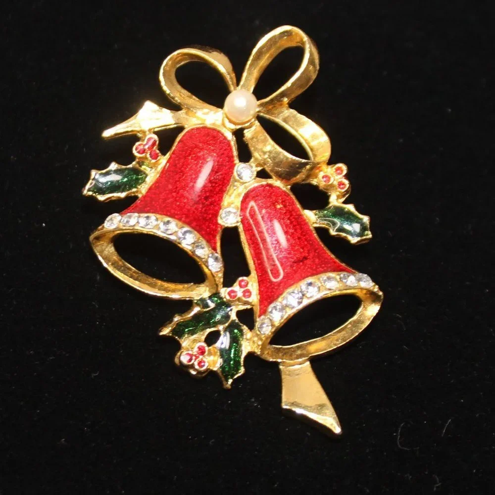 Vintage Christmas Bells Brooch with Holley Rhinestone and Pearl
